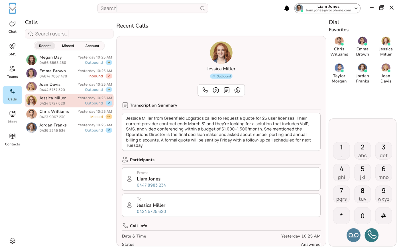 The Uniden Voice desktop app showing a call log alongside an AI transcription summary of a customer call